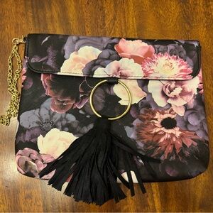 Floral pink purple clutch with wristlet strap tassel gold chain NWOT